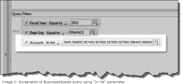Sample image of Data Warehouse (BusinessObjects) "In list" parameter